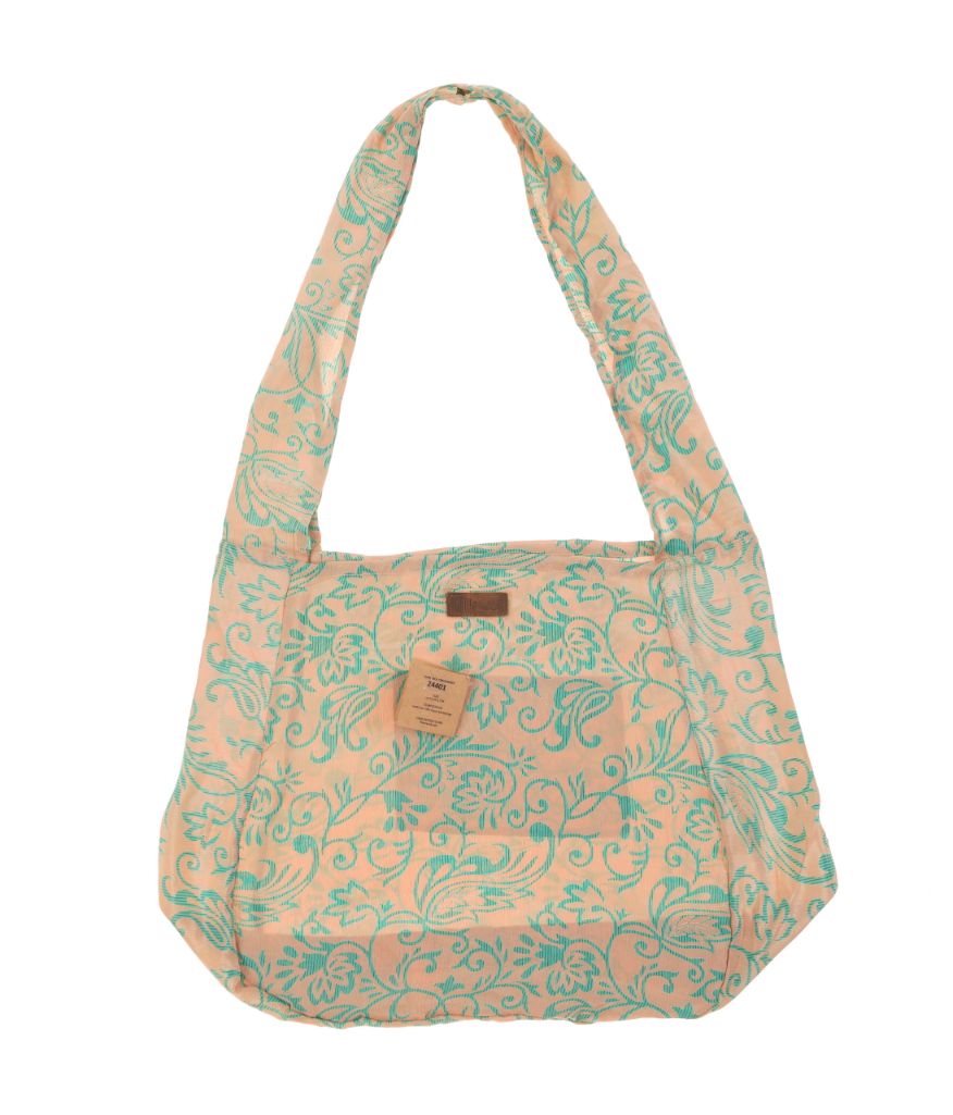 Ferskenfarvet skuldertaske med turkis blomsterprint i paisley-print og bred rem