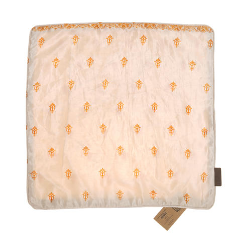 Silk pillowcase 50x50 cm in turquoise blue with colorful oriental pattern of small birds in ocher and terracotta boho sari pillow