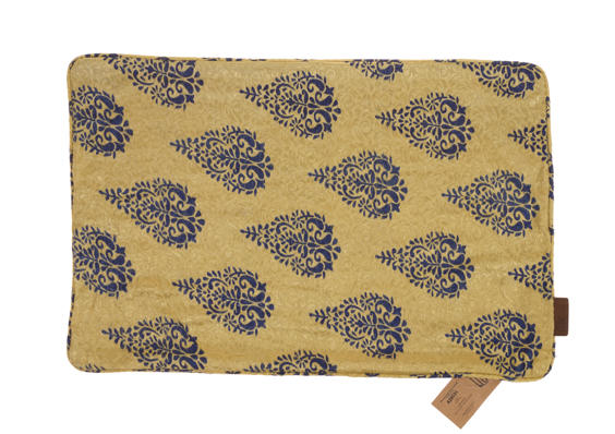 Seidenkissenbezug 60x40 cm, beige, im Sari-Stil, mit blauem, von Suzani inspiriertem Ornamentmuster und orientalischem Boho-Vintage-Stil