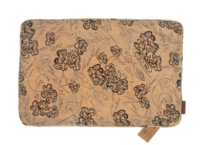 Seidenkissenbezug 60 x 40 cm in warmem Beige mit dunkelbraunem, schwarzem Arabesken- und Blumenmuster, orientalischer Boho-Vintage-Stil, Suzani-Stil, indisches Sari-Kissen