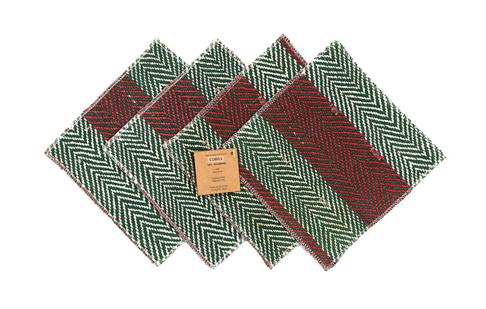 Set of 4 coasters 18x18 cm in green, red and white with chevron/pattern and decorative edges
