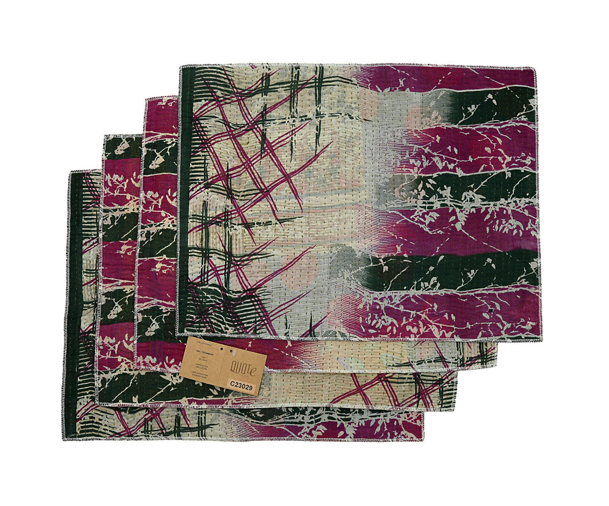 Set of 4 placemats 33x44 cm in dark red, dark green and beige with abstract pattern and strap edge