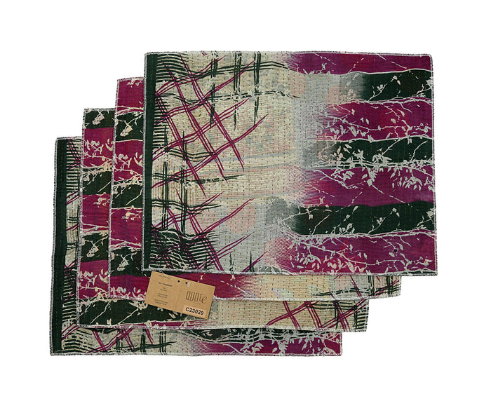 Set of 4 placemats 33x44 cm in dark red, dark green and beige with abstract pattern and strap edge