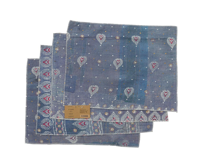 Set of 4 blue placemats 33x44 cm with white polka dot pattern, red ornamental border and floral details