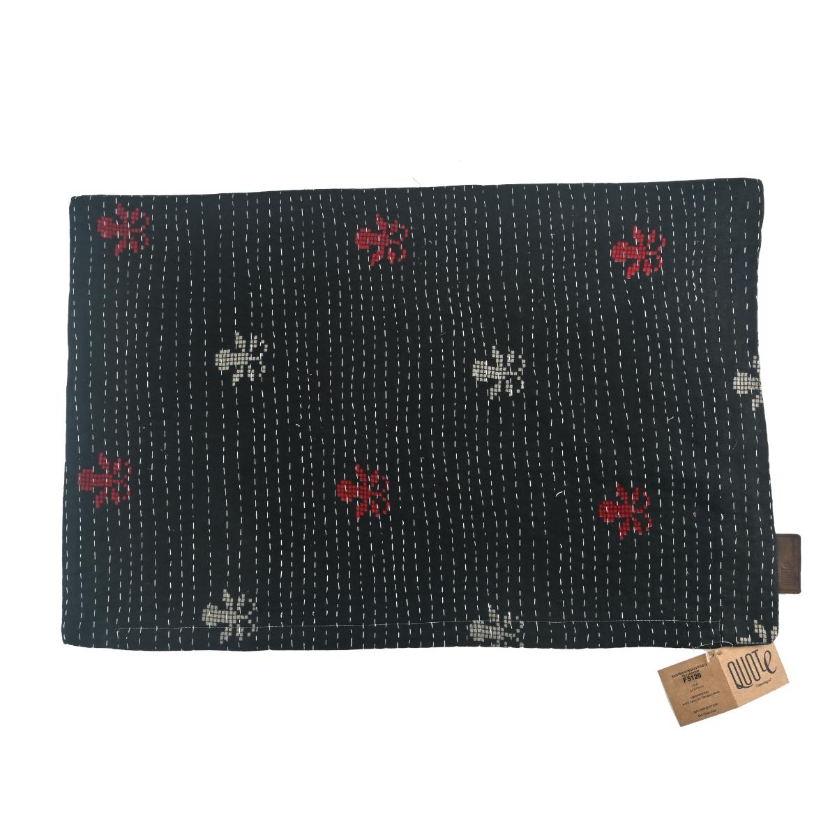 Sari Kantha cushion cover in deep black with red and white embroidered flowers and uniform dot patterns. Choose this cushion for a unique handmade design that will add character to any room. Size: 60 x 40 cm.