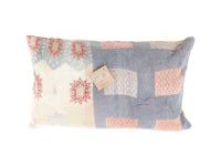 Sari pillowcase 30x50 with beige/golden base and colorful geometric star patterns in red and blue-gray, unique boho Indian pillowcase in oriental style