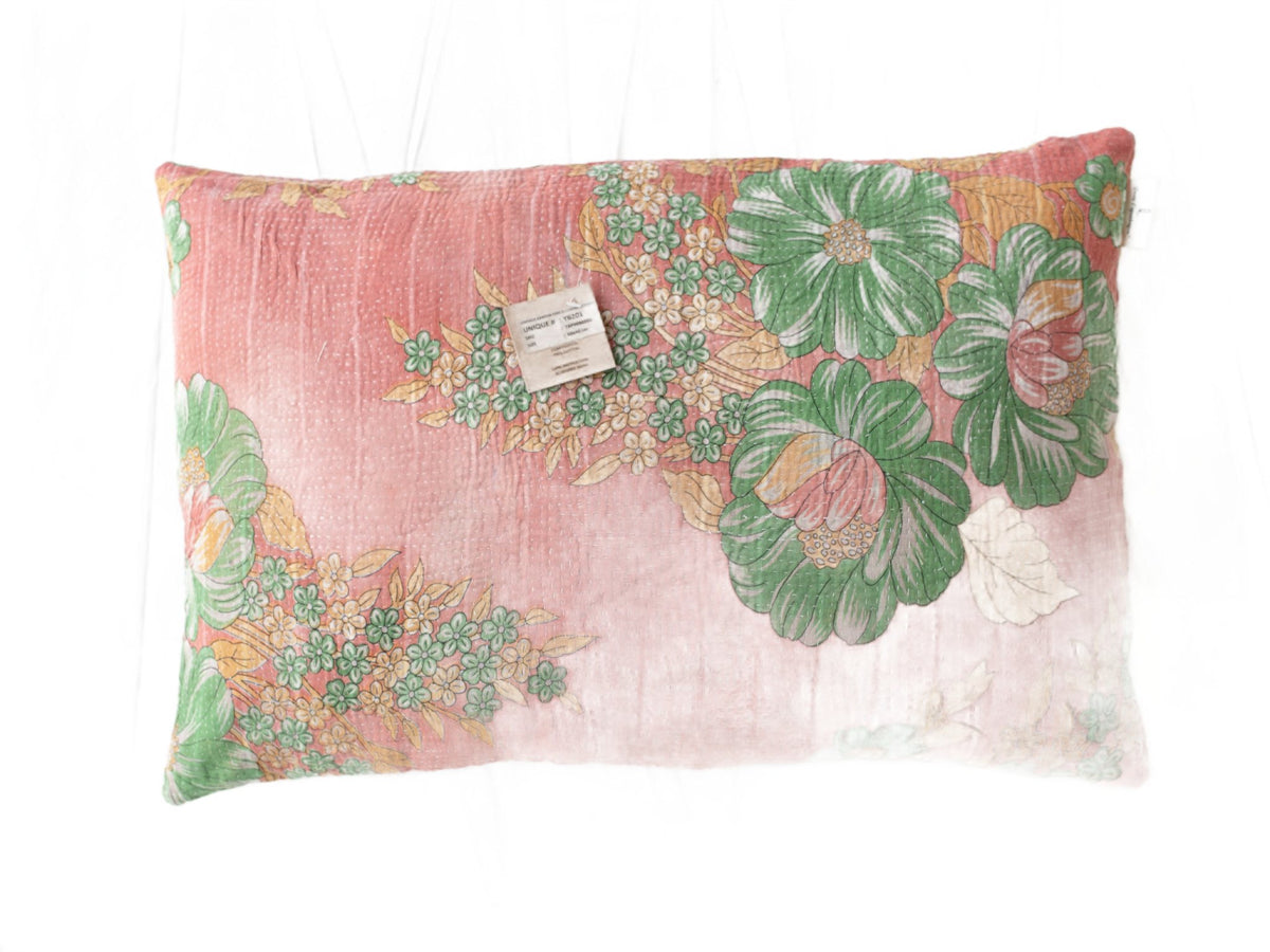 Unique sari pillowcase 60x40 in colorful gold/cream, blue and red tones with oriental patterns and diagonal stripes - sari pillow / Indian pillowcase in vintage boho style