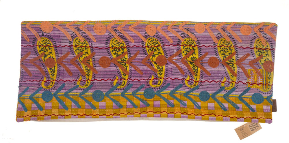 Unique suzani pillowcase 50x50 cm in purple and yellow with orange patterns and embroidered Indian oriental figures in boho vintage style