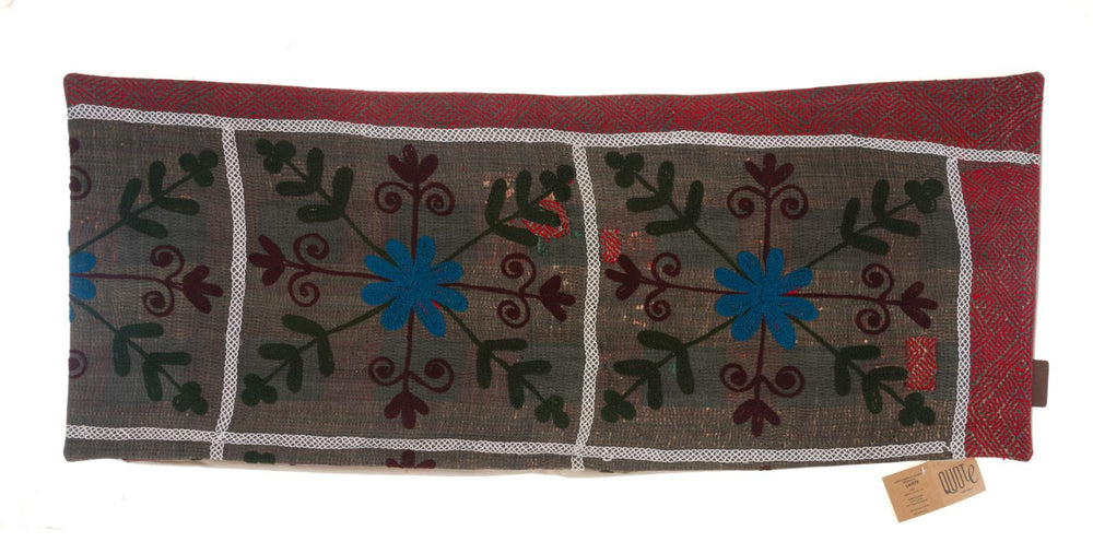 Suzani pillowcase 50x50 cm with colorful floral pattern in gray brown red green and blue and white border in ethnic boho vintage oriental style