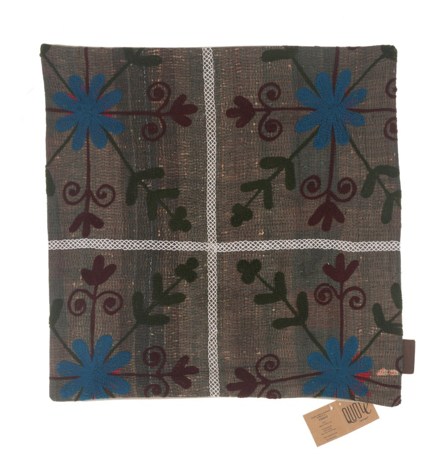 Suzani pillowcase 50x50 cm with vintage boho oriental ethnic pattern in brown and blue flowers on dark fabric with white decorative squares