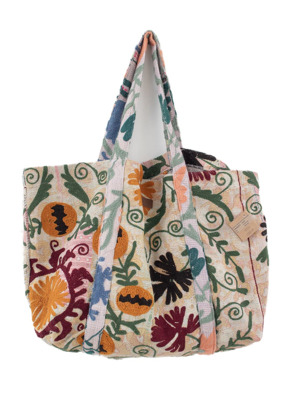 Flerfarvet broderet blomsterprintet tote-taske med cremefarvet baggrund og brede skulderstropper