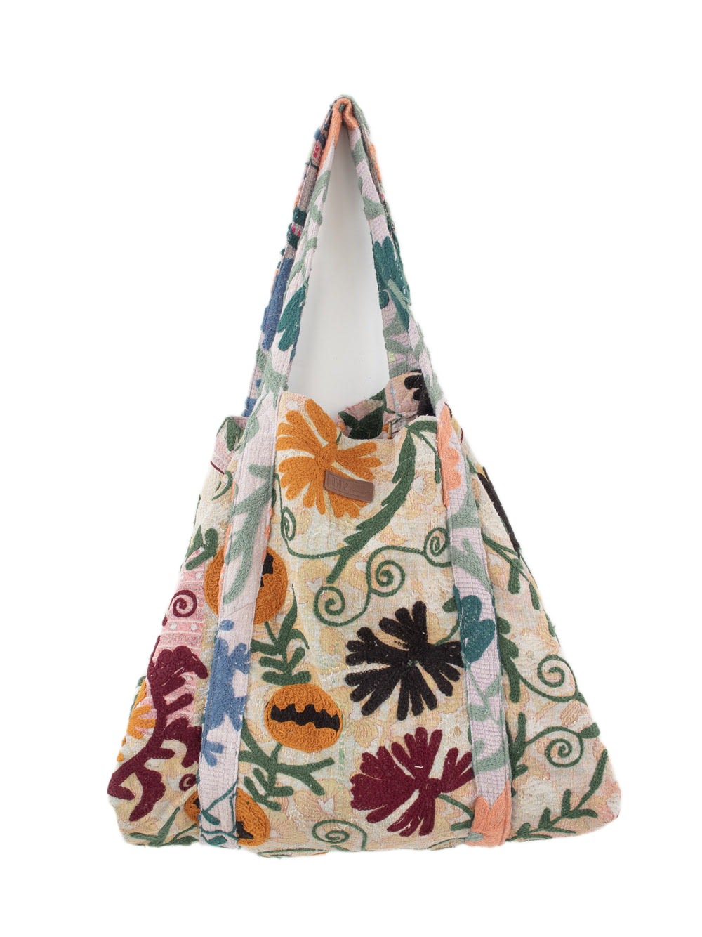 Broderet blomsterprintet tote-taske med flerfarvet botanisk mønster og bred skulderrem