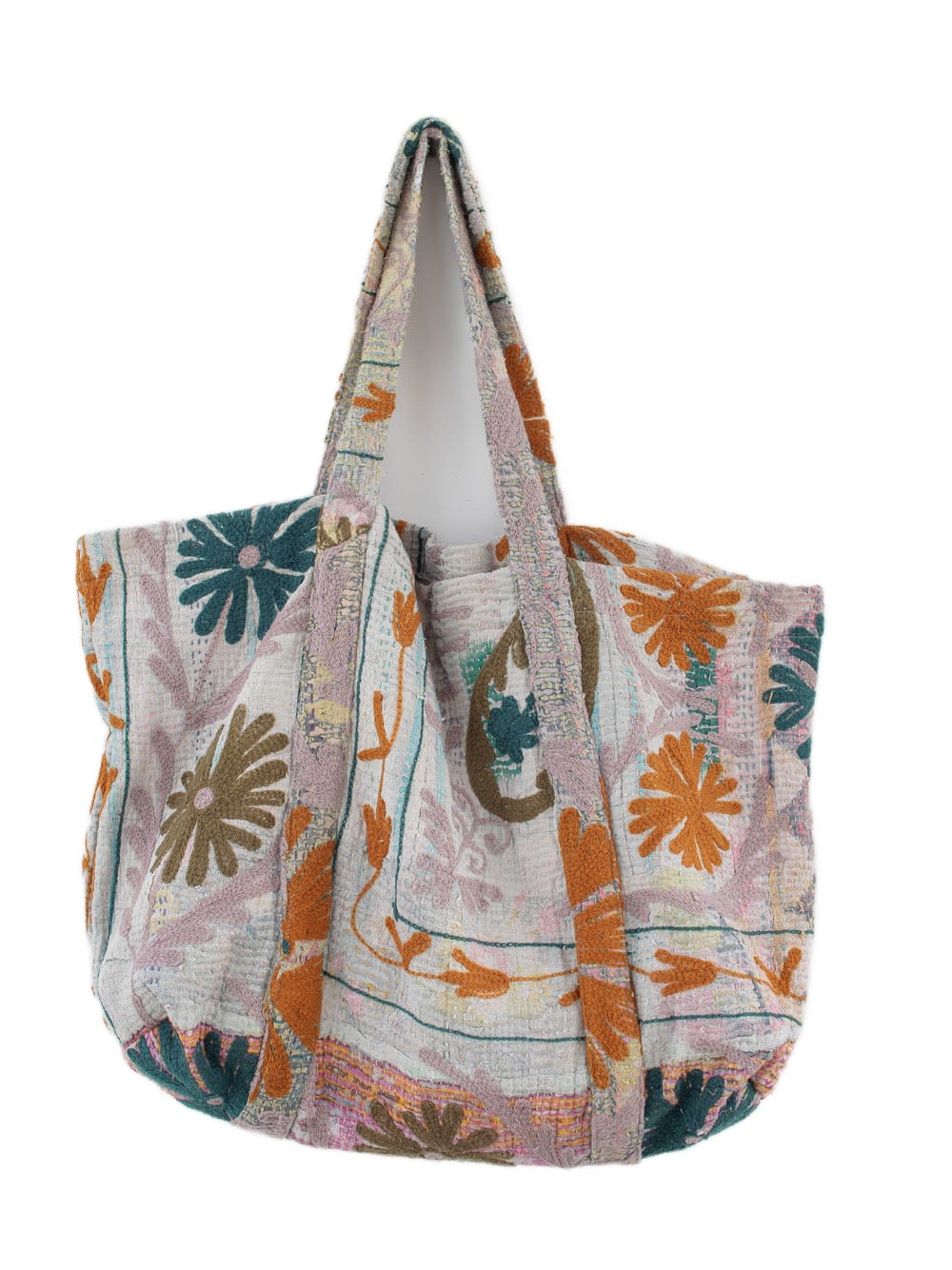 Vintage Suzani beach bag with embroidery in pink, orange, teal and olive, front view