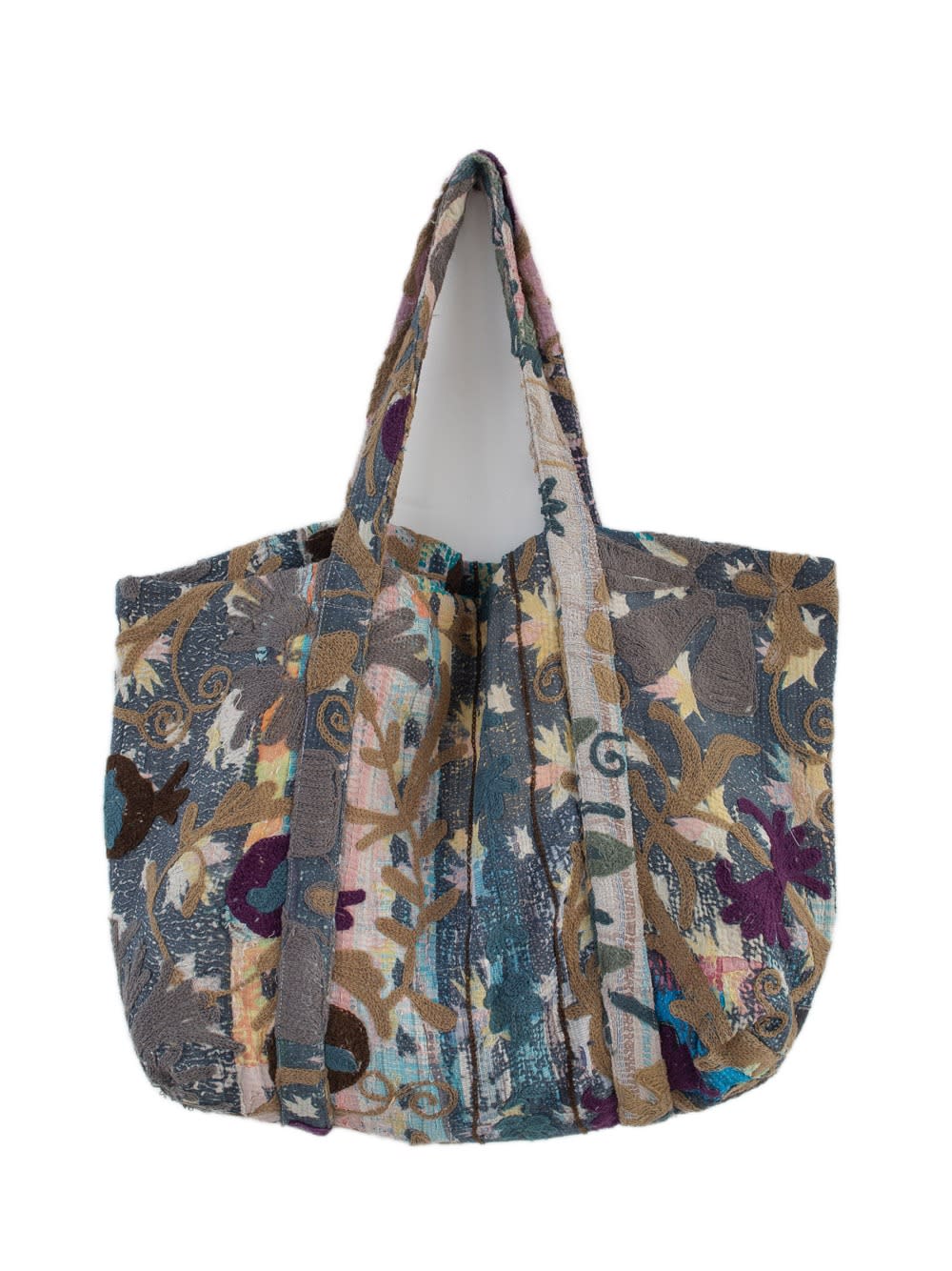 Vintage Suzani beach bag with embroidery in navy blue, grey, cream, turquoise and purple, front view
