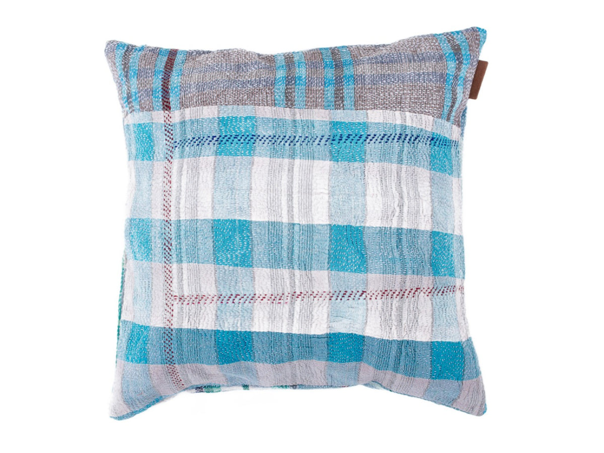 50x50 sari pillowcase in blue, turquoise, gray and white checkered pattern - vintage/boho Indian Indian pillowcase for sari pillows and sari cushion, unique oriental pillowcases for colorful ethnic pillows