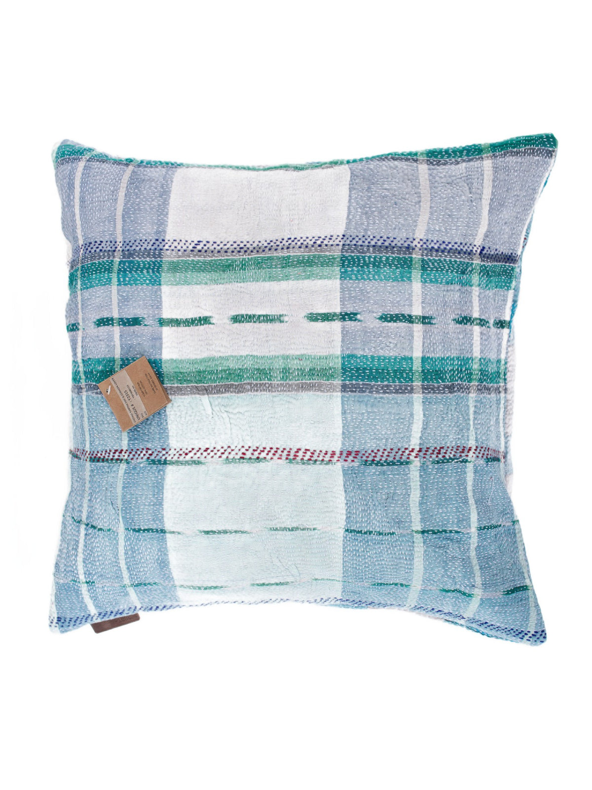 Sari pillowcase 50x50 with colorful patchwork in blue, white and green checkered pattern - unique bohemian/boho Indian pillow for sofa and bed