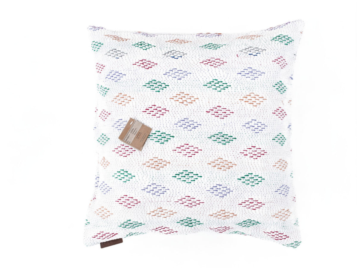 Sari pillowcase 50x50 in white with colorful floral/square patterns in green, red and blue - bohemian, vintage and Indian pillowcase in sari pillow style