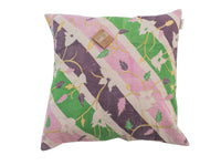 50x50 sari pillowcase with colorful vintage floral and sling pattern in pink, green, purple and cream, unique Indian Indian pillowcase for boho pillows and sari pillows.