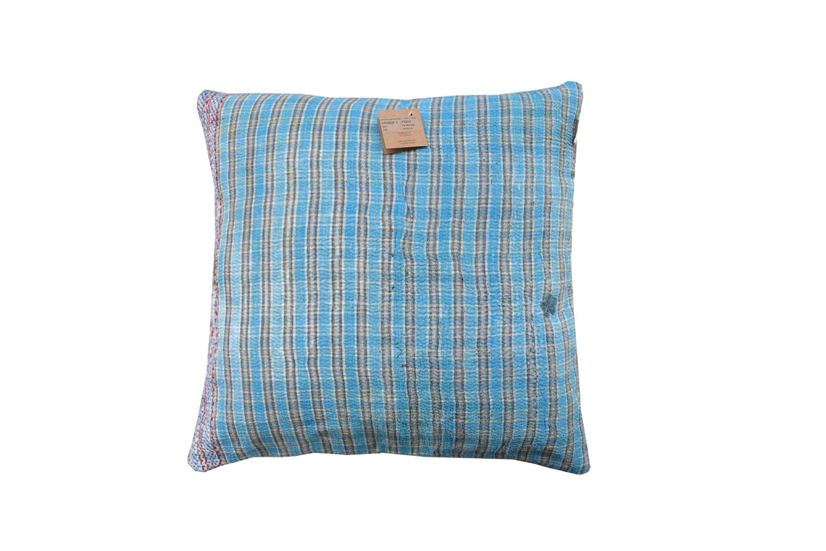 Sari pillowcase 50x50 with blue colors, beige and gray vertical stripes and vintage pattern - Indian, bohemian and upcycled sari pillow (unique)