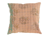 Sari pillowcase 50x50 with vintage bohemian design in sand beige, olive green and brown/orange floral winding patterns, Indian textile look.