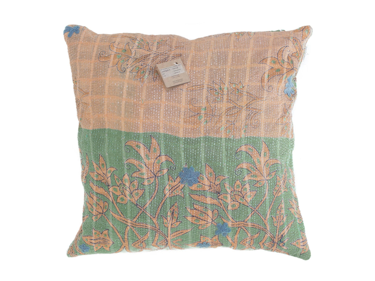Sari pillowcase 50x50 in bohemian vintage style with colorful Indian/ethnic pattern in green, cognac and blue, unique sari pillow with upcycled fabric and floral ornaments