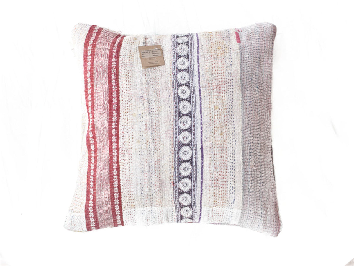 Sari pillowcase 50x50 in cream/white with red vertical stripes, purple border and oriental ornaments - unique vintage boho sari pillow in colorful textile patterns
