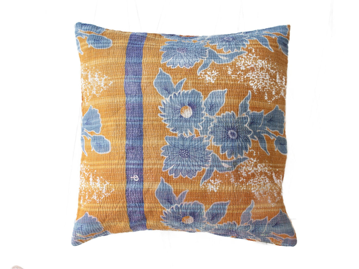 Sari cushion cover 50x50 with blue flowers and brown stripes - decorative pattern with blue shades
