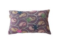 Unique suzani pillowcase 30x50 cm with purple base and colorful embroidered flowers and creepers in vintage boho oriental style