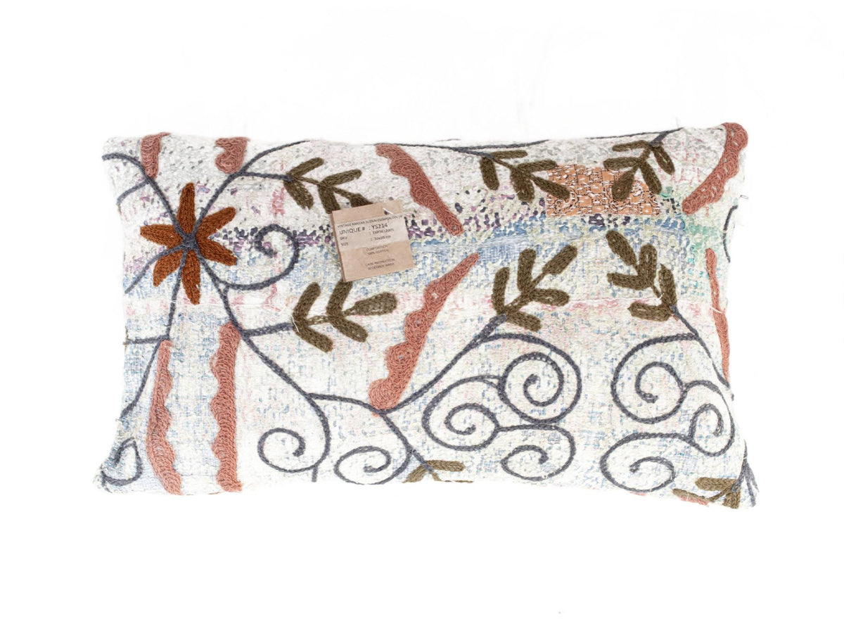 Unique suzani pillowcase 30x50 cm with colorful embroideries in cream, dusty blue, terracotta and dark green wrap patterns in oriental boho style