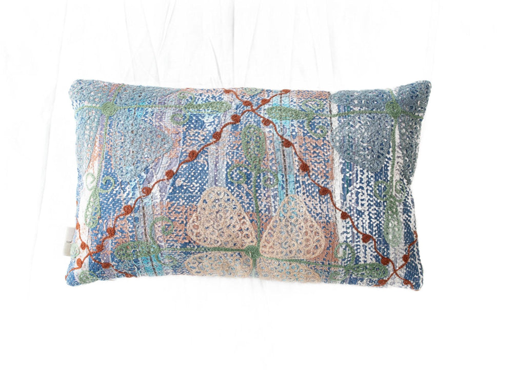 Unique suzani pillowcase 30x50 cm in blue and green squares with beige patterns and orange thread lines on ethnic boho vintage texture