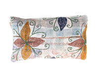 Suzani pillowcase 30x50 cm in vintage bohemian style with white background, colorful leaves and arabesques in blue lavender orange and green.