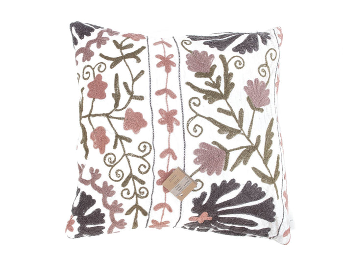 Unique suzani pillowcase 50x50 cm in white canvas with colorful vintage embroidery of flowers and sling in dusty pink olive green and anthracite